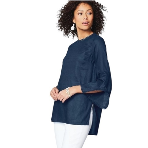 J. Jill Love Linen Frayed Edge Tunic Blouse Top in Navy Blue - Picture 1 of 9